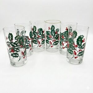 Vintage Holly Berry Glasses Bartlett Collins  Christmas Set of 6 80s 90s Holiday